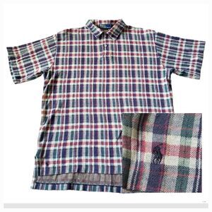 Vintage Ralph Lauren Polo Golf Shirt Mens L Plaid Preppy Red Blue Green 1990's